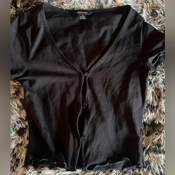 Monki Women’s Button Up Short Sleeve Black Crop Top Size S - Picture 3 of 6